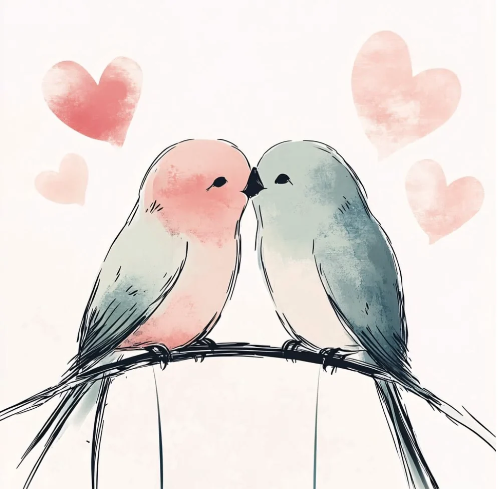 Two lovebirds on a branch, beak to beak, with soft pink hearts around them